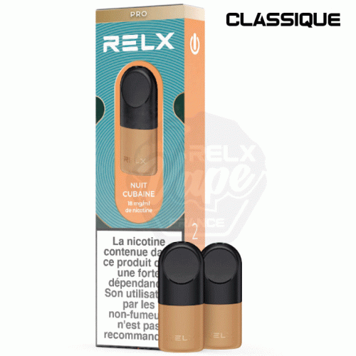 Pack de 2 pods RELX Pro saveur Nuit Cubaine, tabac cigare, 18 mg/ml de nicotine
