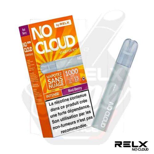 Kit RELX No Cloud Intense Red Berry avec boîte orange à bandeau violet et appareil gris