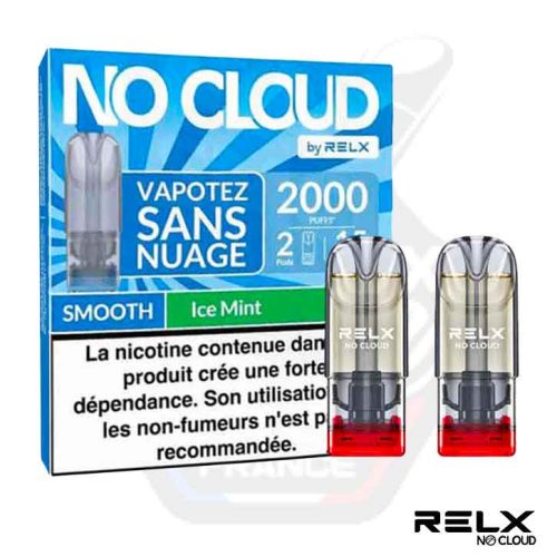 Boîte bleue à bandeau vert et 2 pods RELX No Cloud Smooth Ice Mint