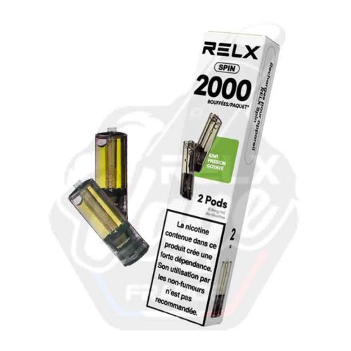 Paquet RELX Spin 2000 bouffées de 2 pods Kiwi Passion Goyave