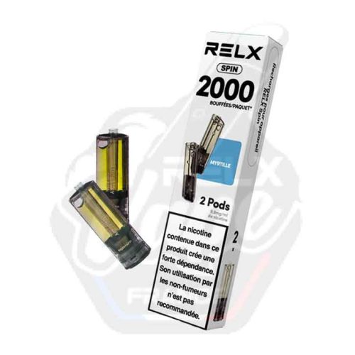 Paquet RELX Spin 2000 bouffées de 2 pods Myrtille avec étiquette bleue